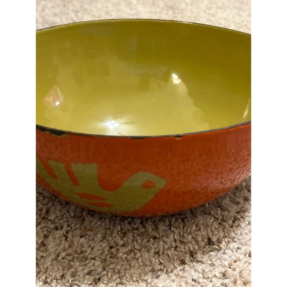 "Vintage MCM Hanova of Pasadena Enamelware Bowl Orange Chartreuse Green 8" RARE - Picture 4 of 15